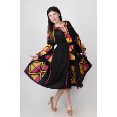 Boho Style Ukrainian Embroidered Midi Broad Dress Black with Pink/Yellow Embroidery